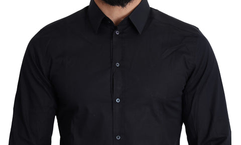 Blue cotton formal dress shirt by Dolce & Gabbana, featuring a classic fit and gold accents, displayed on a hanger.