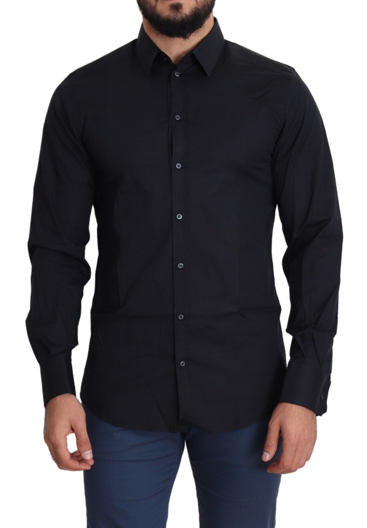 Blue cotton formal dress shirt by Dolce & Gabbana, featuring gold accents and classic button-up design.