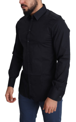 Blue cotton formal dress shirt by Dolce & Gabbana with gold accents, front view showing collar and button details.