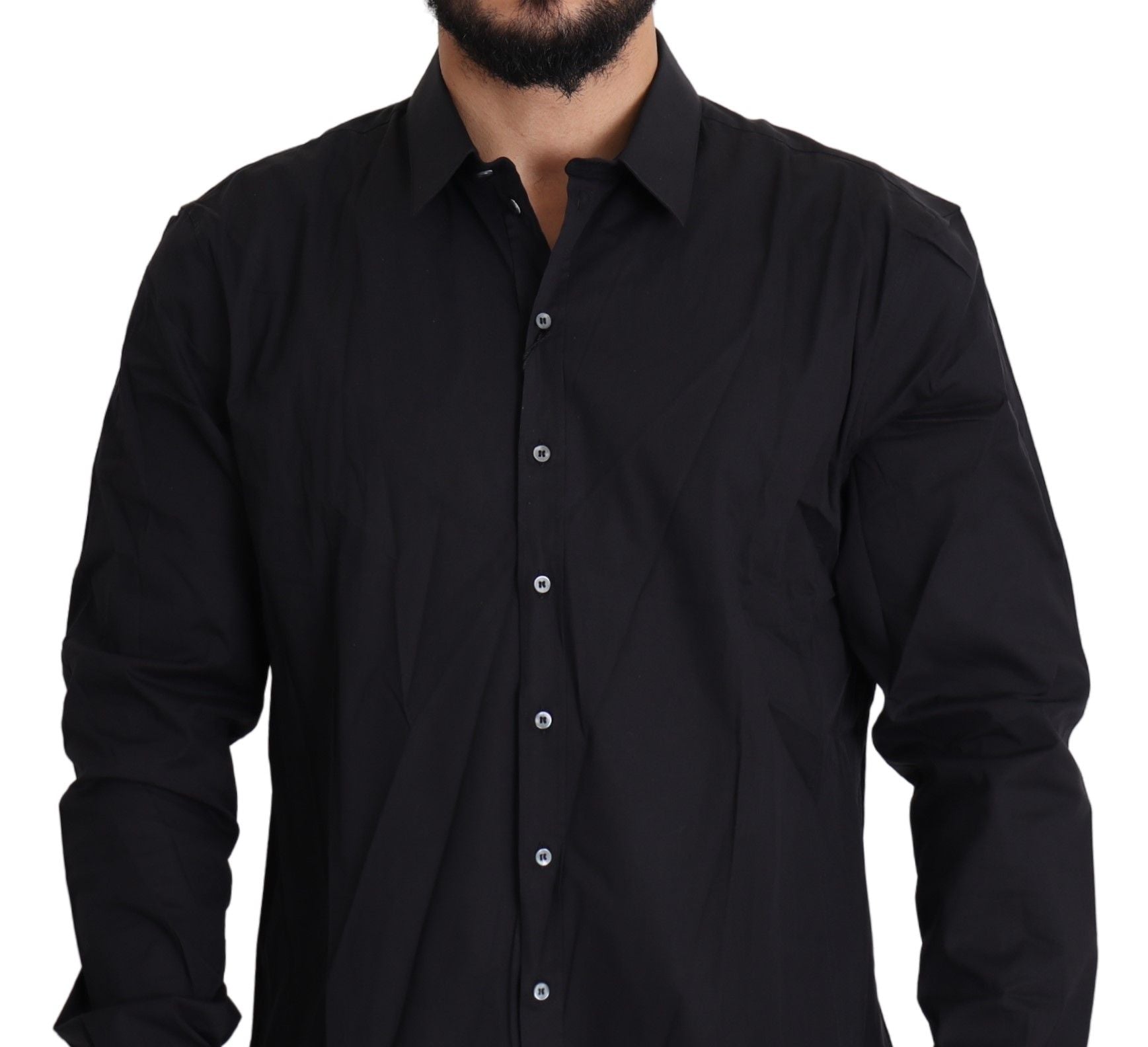 Black cotton stretch Sicilia shirt dress by Dolce & Gabbana, featuring a fitted silhouette and elegant design.