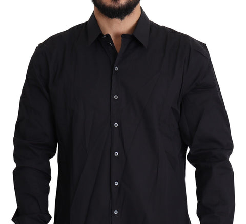 Black cotton stretch Sicilia shirt dress by Dolce & Gabbana, featuring a fitted silhouette and elegant design.