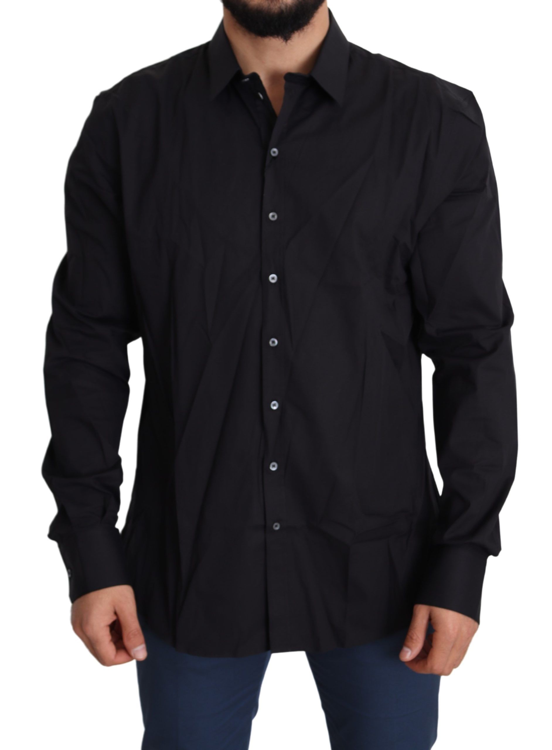 Black cotton stretch dress by Dolce & Gabbana, Sicilia shirt style, shown with a fitted silhouette and elegant design.