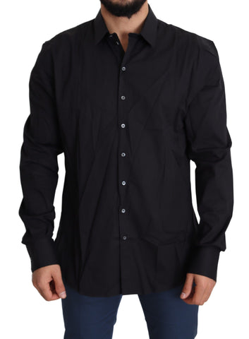 Black cotton stretch dress by Dolce & Gabbana, Sicilia shirt style, shown with a fitted silhouette and elegant design.