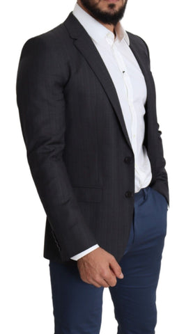 Black wool single-breasted Dolce & Gabbana Martini blazer coat with notch lapels and tailored fit.