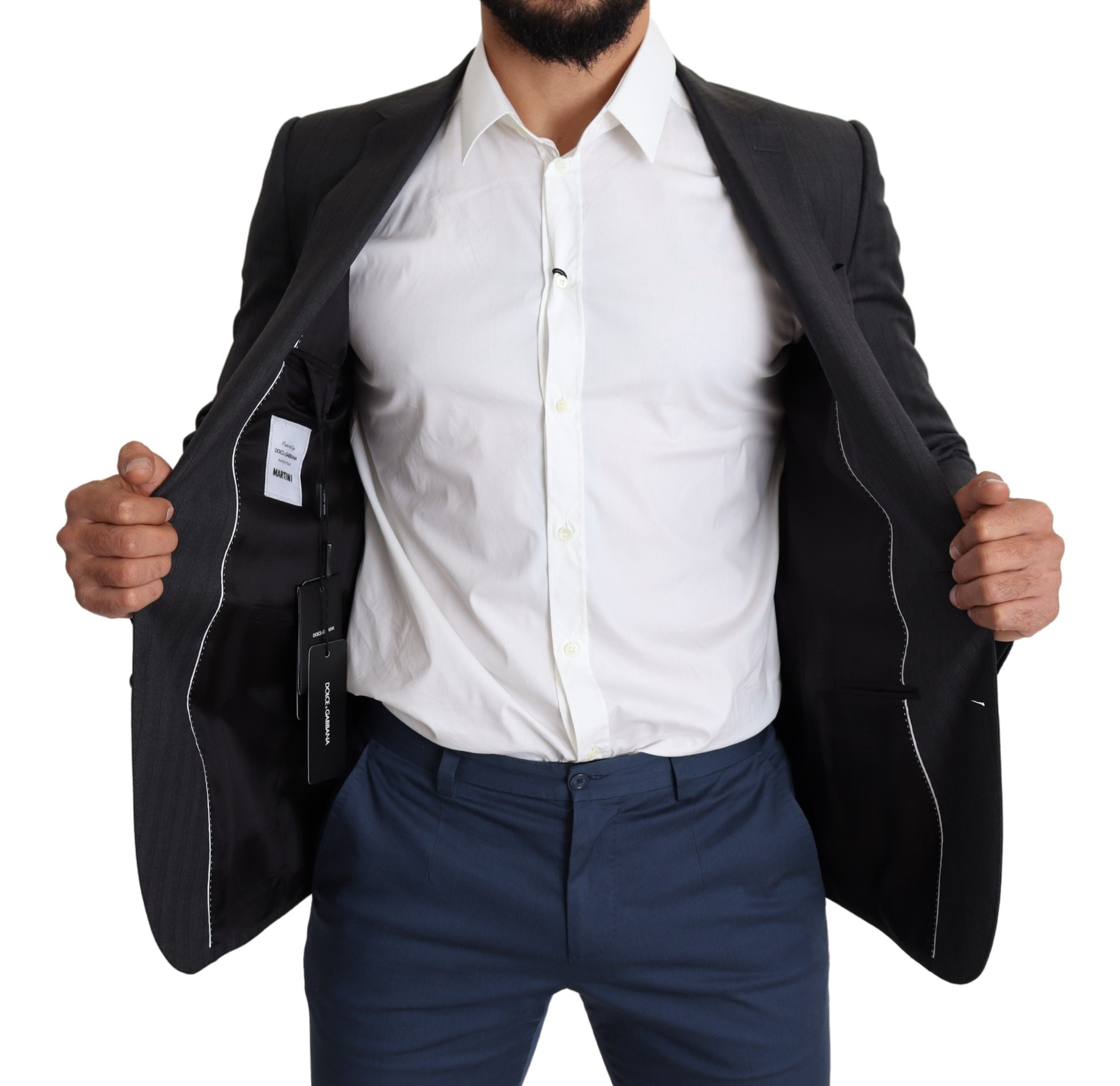 Black wool single-breasted Dolce & Gabbana Martini blazer coat displayed on a hanger.