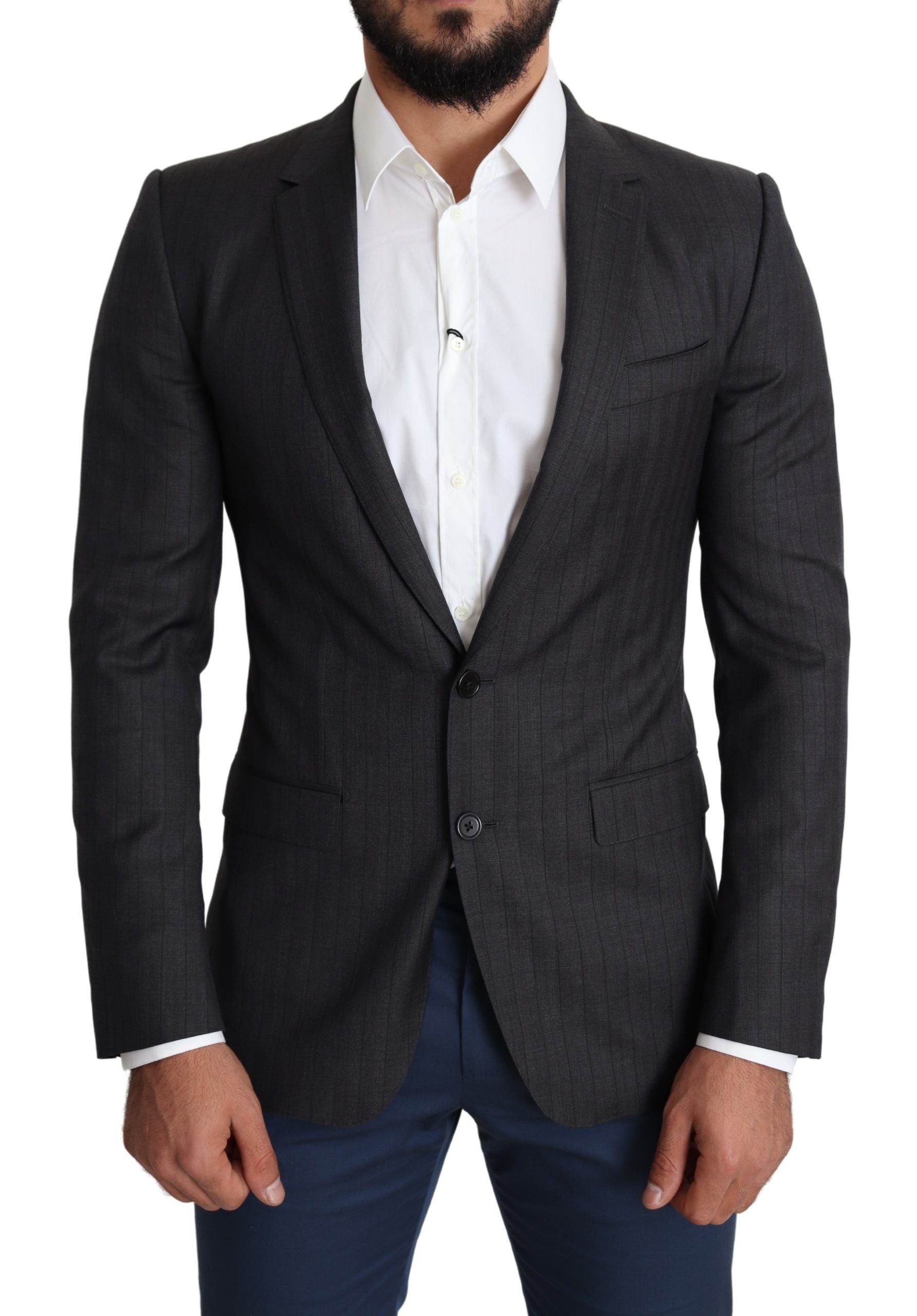 Black wool single-breasted Dolce & Gabbana Martini blazer coat with notch lapels and tailored fit.