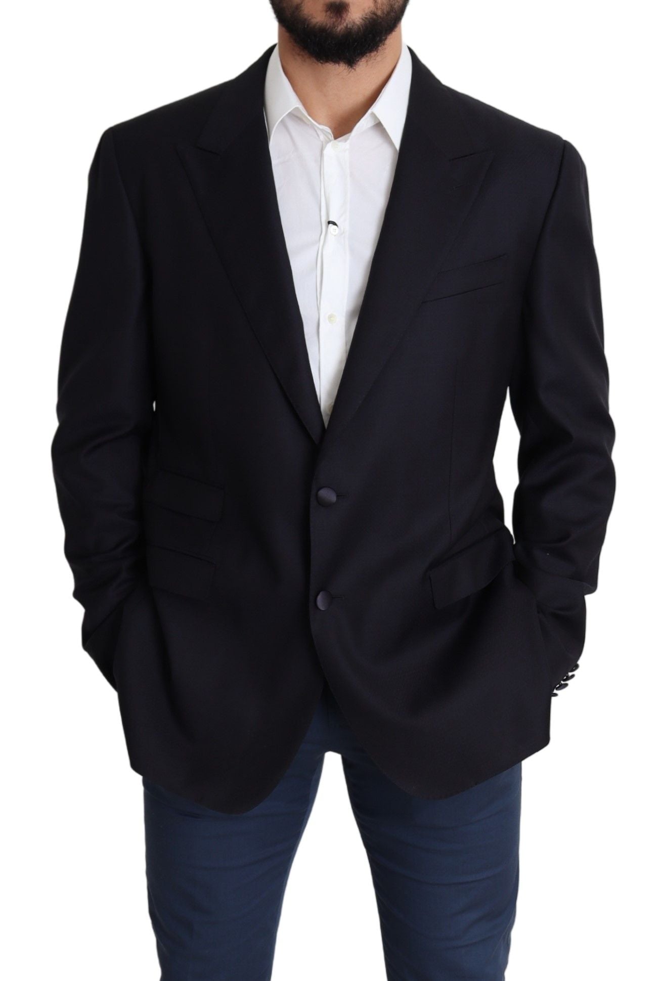 Black wool single-breasted Napoli blazer by Dolce & Gabbana, tailored fit with notch lapels and front button closure.