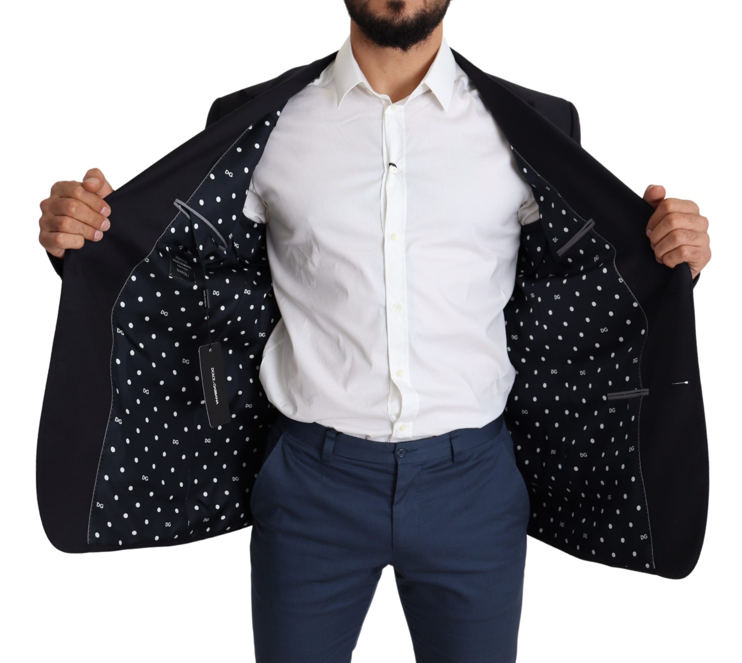 Black wool single-breasted Napoli blazer by Dolce & Gabbana, tailored fit with notched lapels and button closure.