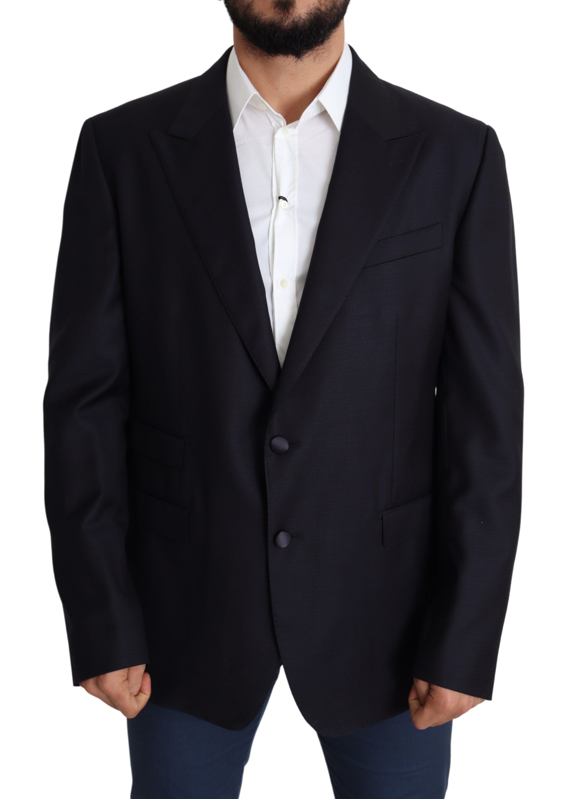 Black wool single-breasted Napoli blazer by Dolce & Gabbana, tailored fit with notch lapels and front button closure.