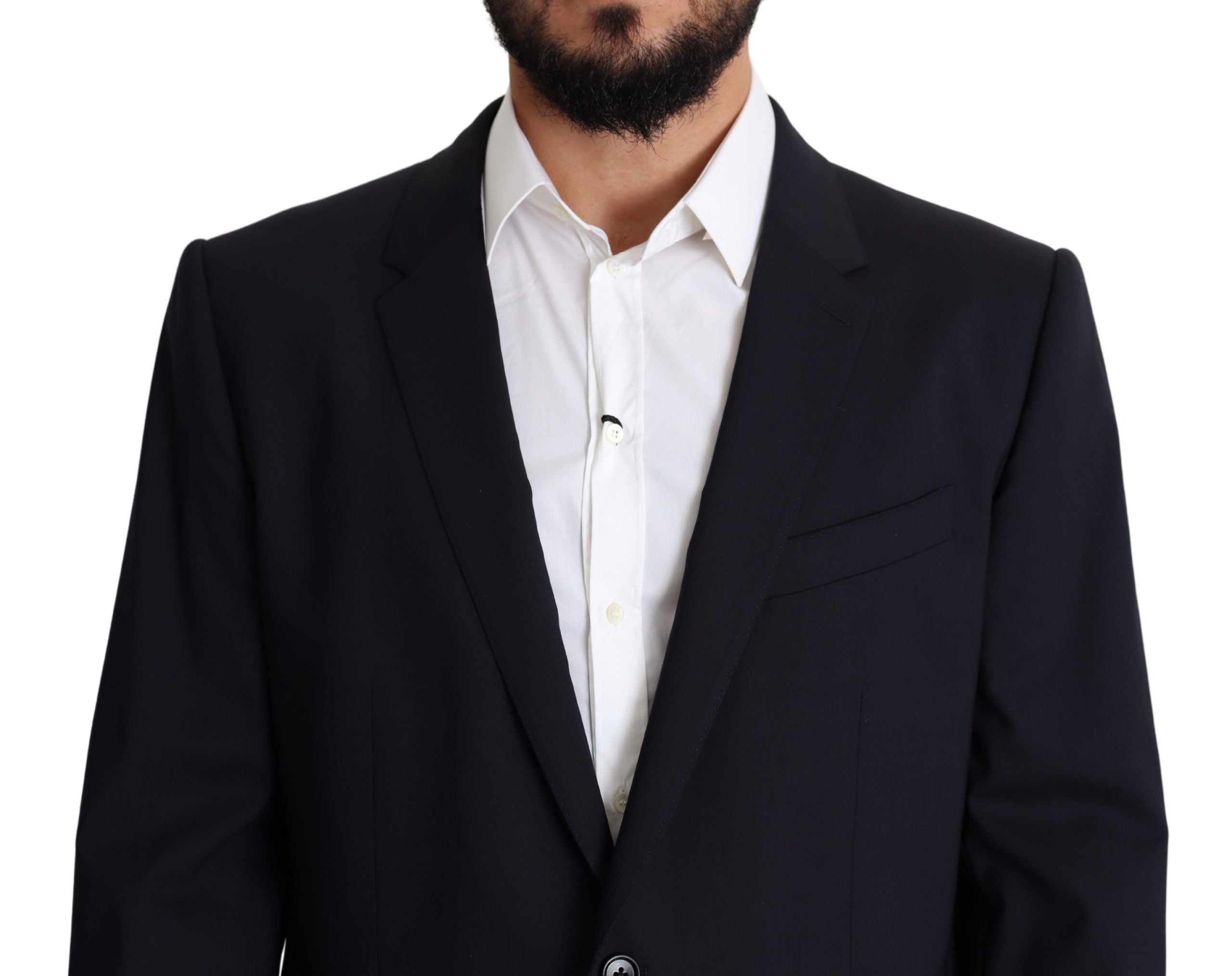 Black wool stretch men's coat by Dolce & Gabbana, featuring a tailored blazer style with classic lapels and sleek design.