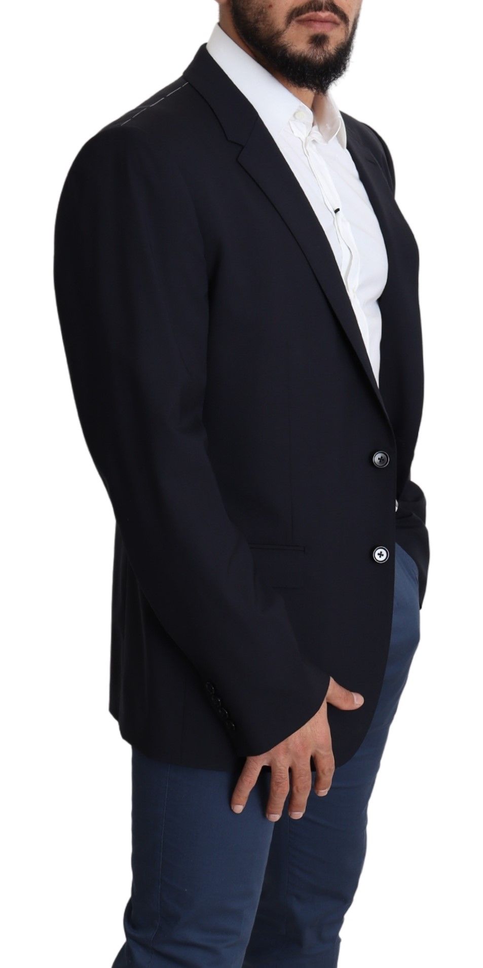 Black wool stretch men's coat by Dolce & Gabbana, featuring a tailored blazer style with sleek design and classic collar.