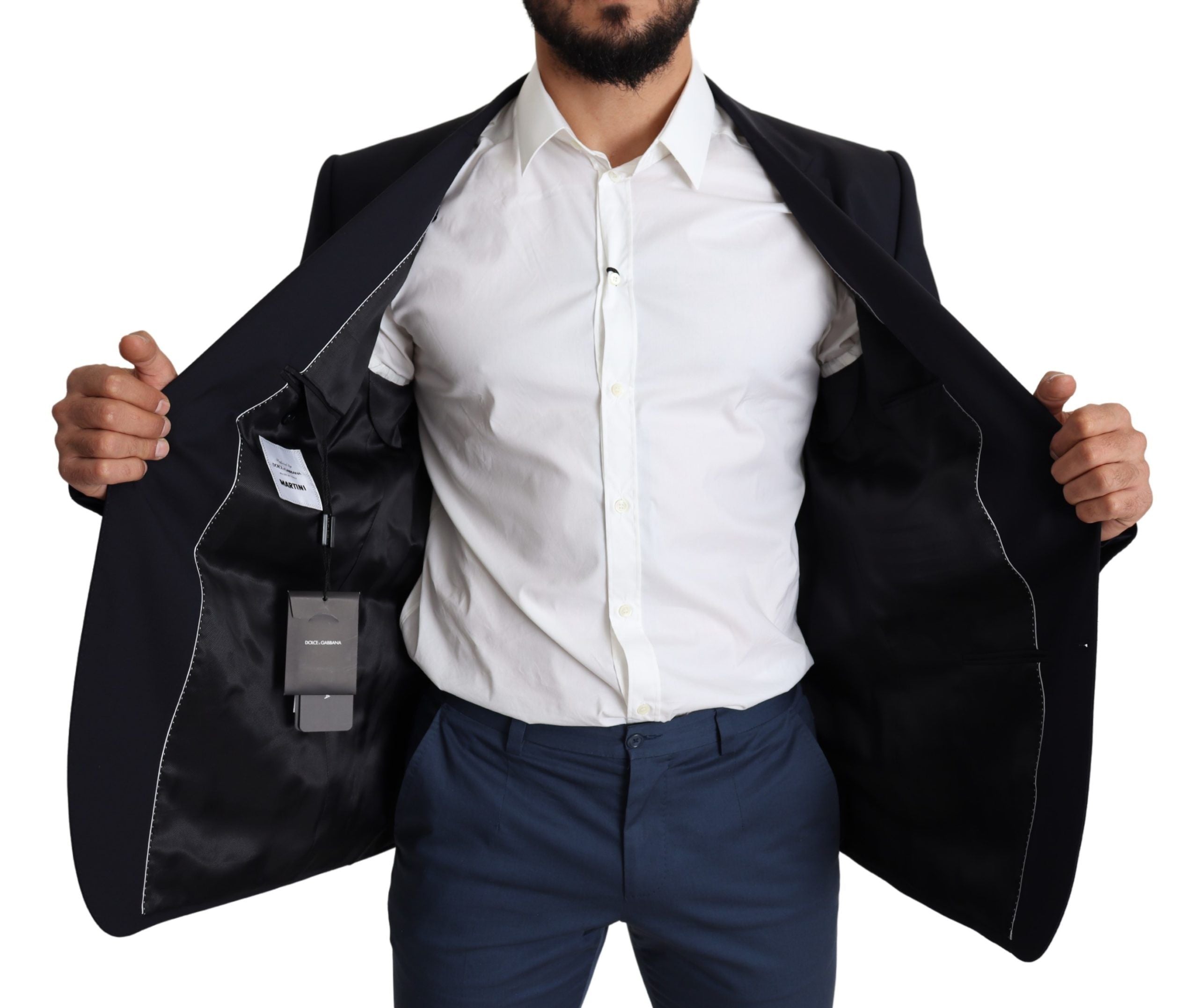 Black wool stretch men's coat by Dolce & Gabbana, featuring a tailored blazer style with a sleek, sophisticated design.