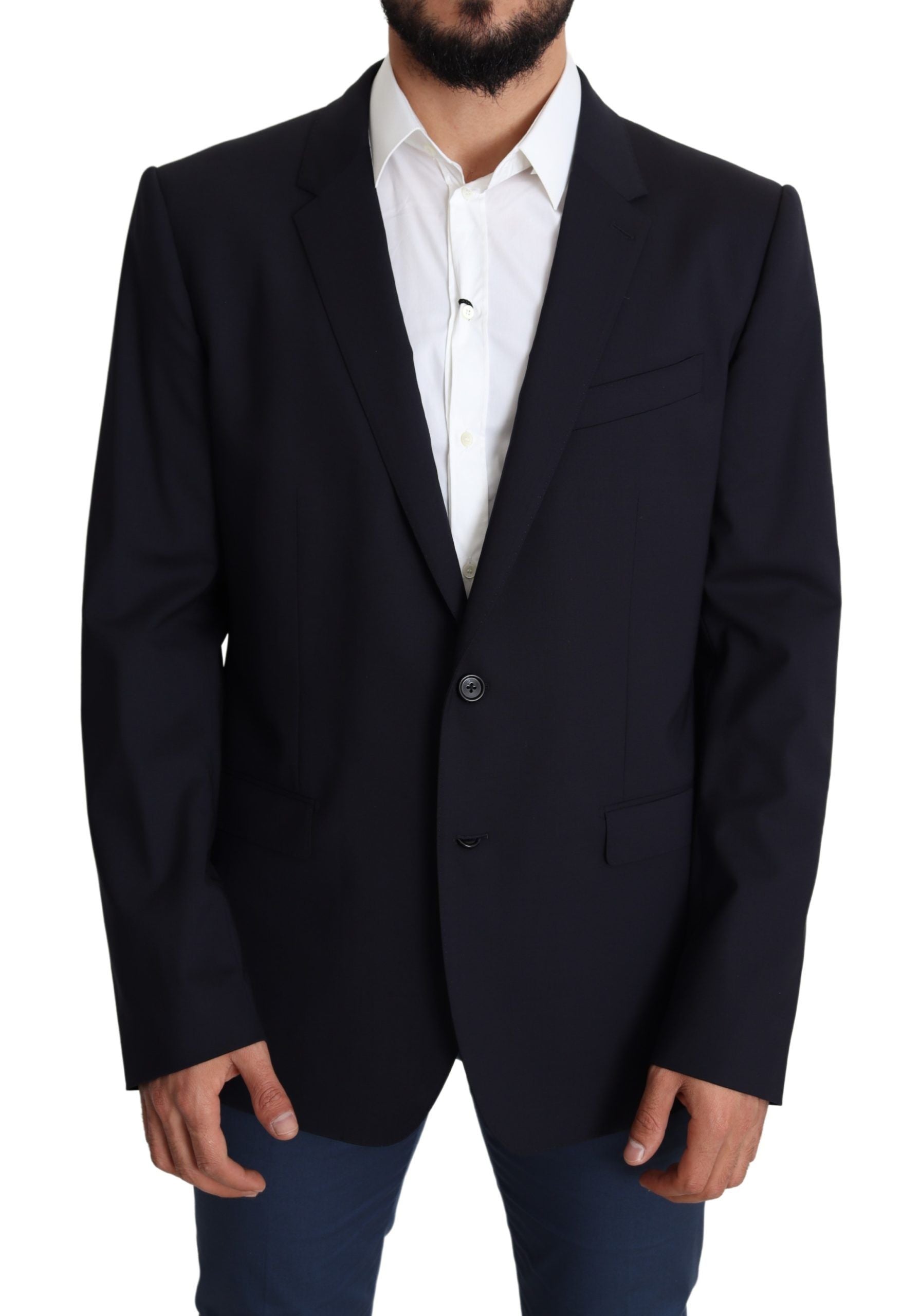 Black wool stretch men's blazer coat by Dolce & Gabbana, featuring a tailored fit and classic design.