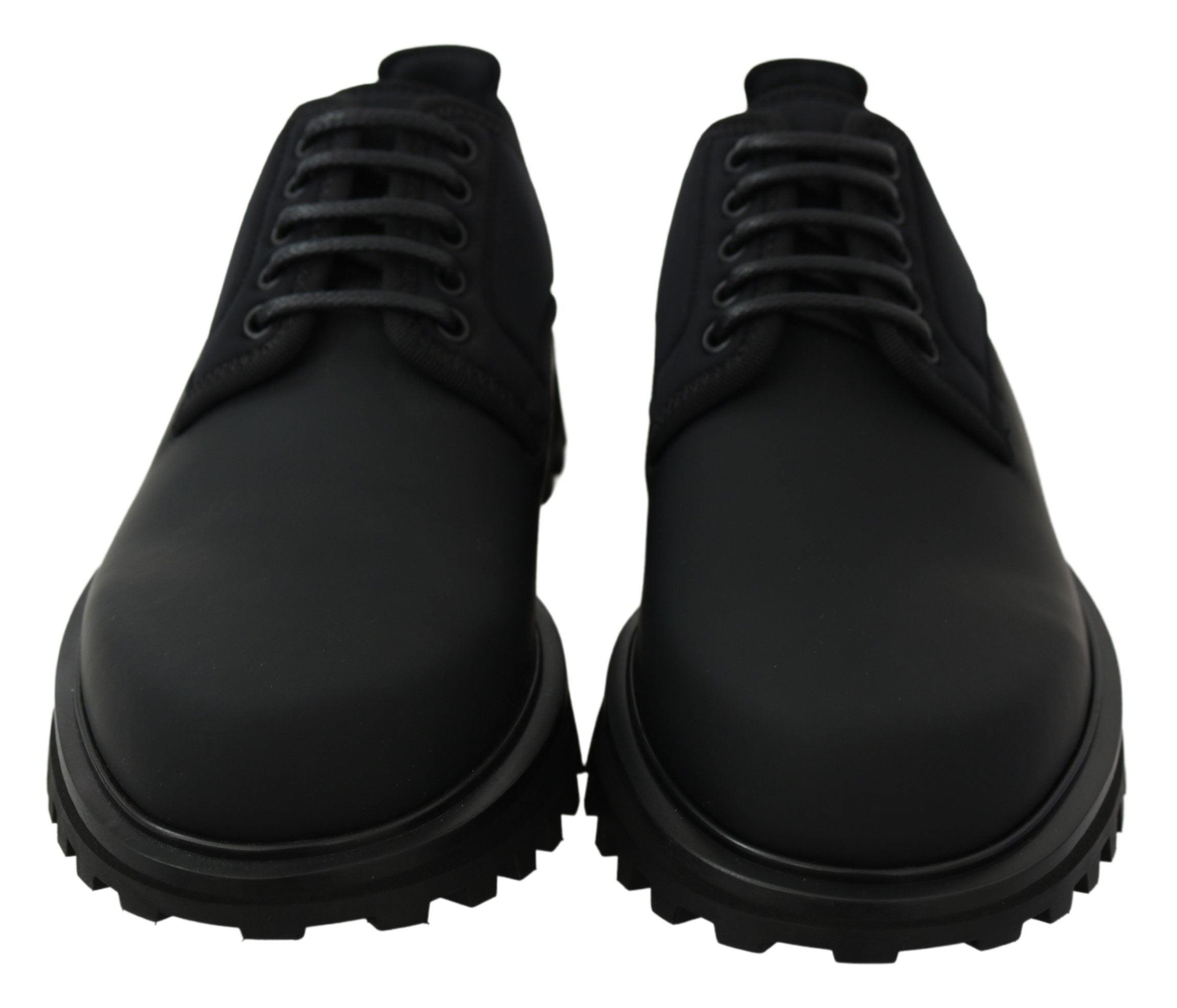 Black rubberized calfskin chunky derby vulcano shoes by Dolce & Gabbana, featuring a bold, textured design and sturdy sole.