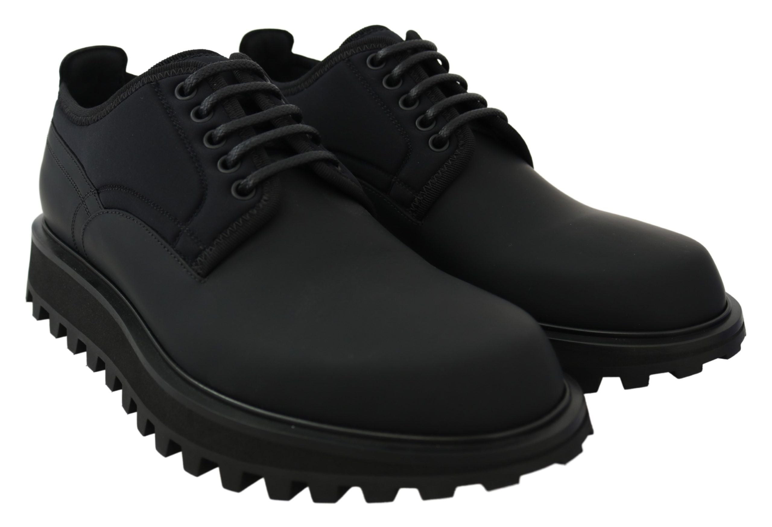 Black rubberized calfskin chunky derby shoes by Dolce & Gabbana with a bold vulcano sole, stylish and durable for everyday wear.