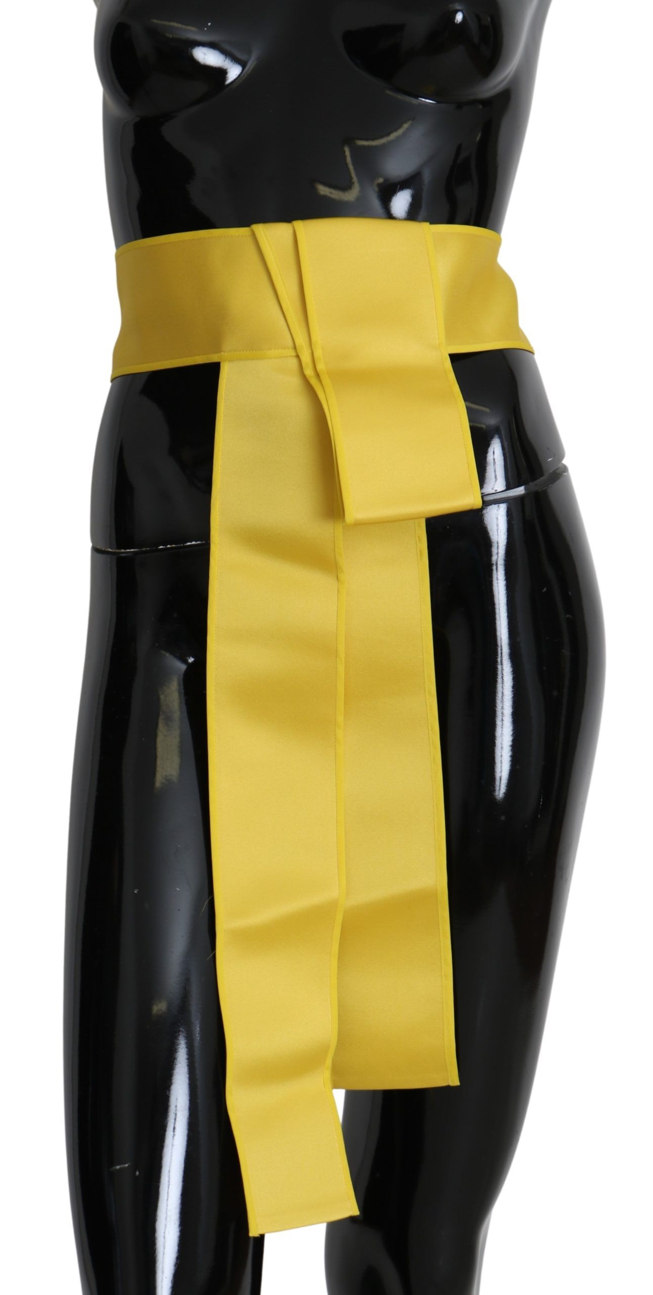 Yellow silk belt with wide snap button closure from Dolce & Gabbana, featuring a smooth, shiny finish and elegant design.