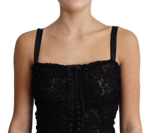 Black lace-up floral corset bustier mini dress by Dolce & Gabbana, featuring intricate lace details and a fitted silhouette.