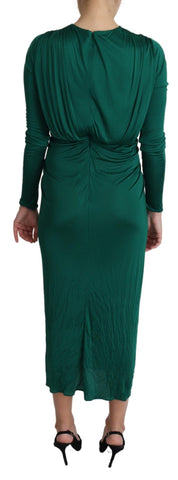 Green fitted silhouette midi viscose dress by Dolce & Gabbana, featuring a sleek V-neck and elegant design.
