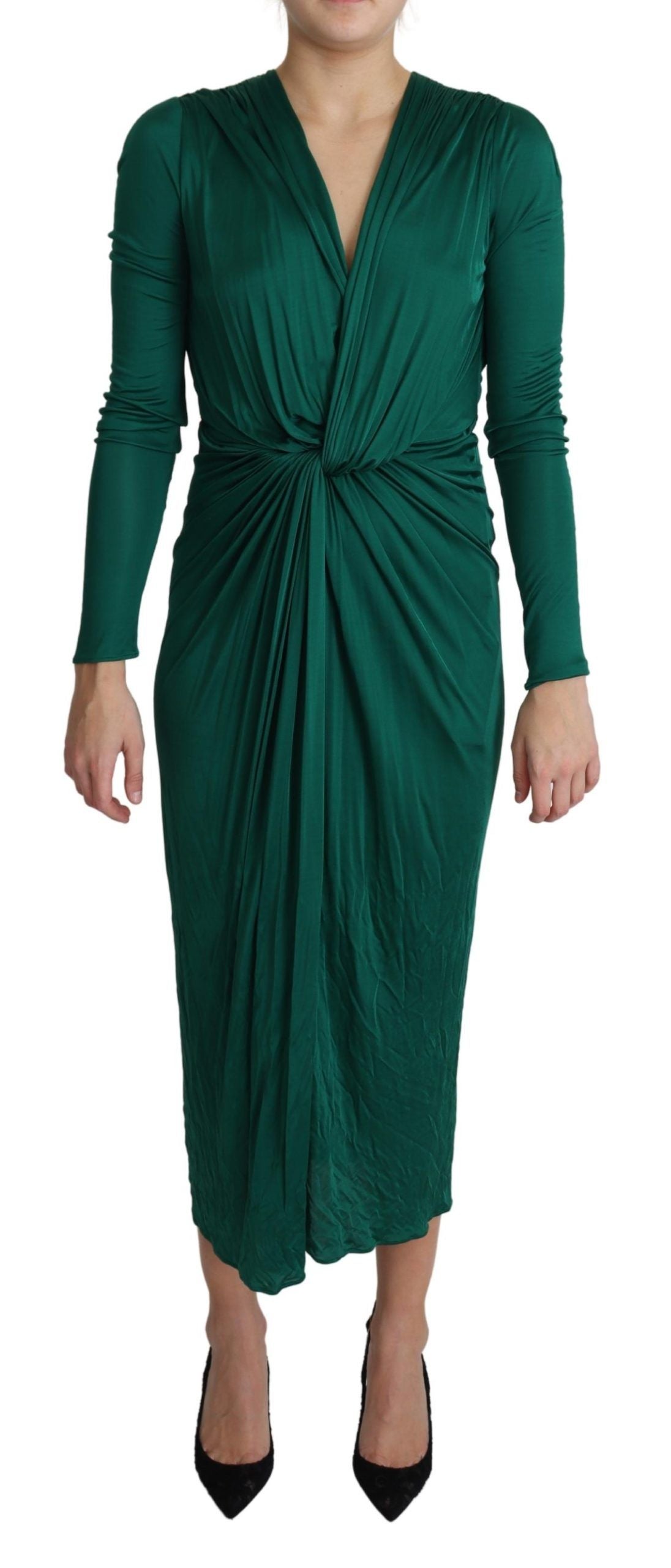 Green fitted silhouette midi dress by Dolce & Gabbana made of viscose fabric, shown on a model with a V-neck design.