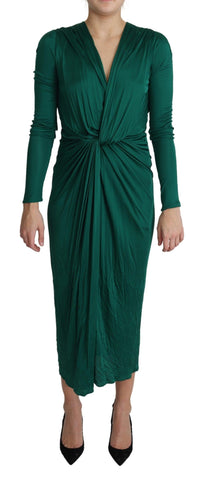 Green fitted silhouette midi dress by Dolce & Gabbana made of viscose fabric, shown on a model with a V-neck design.