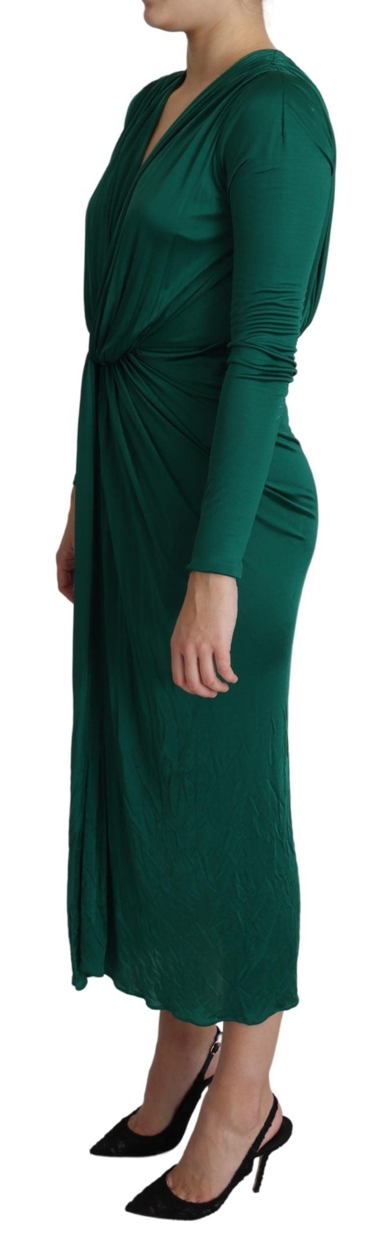 Green fitted silhouette midi dress by Dolce & Gabbana made of viscose fabric, shown on a model.