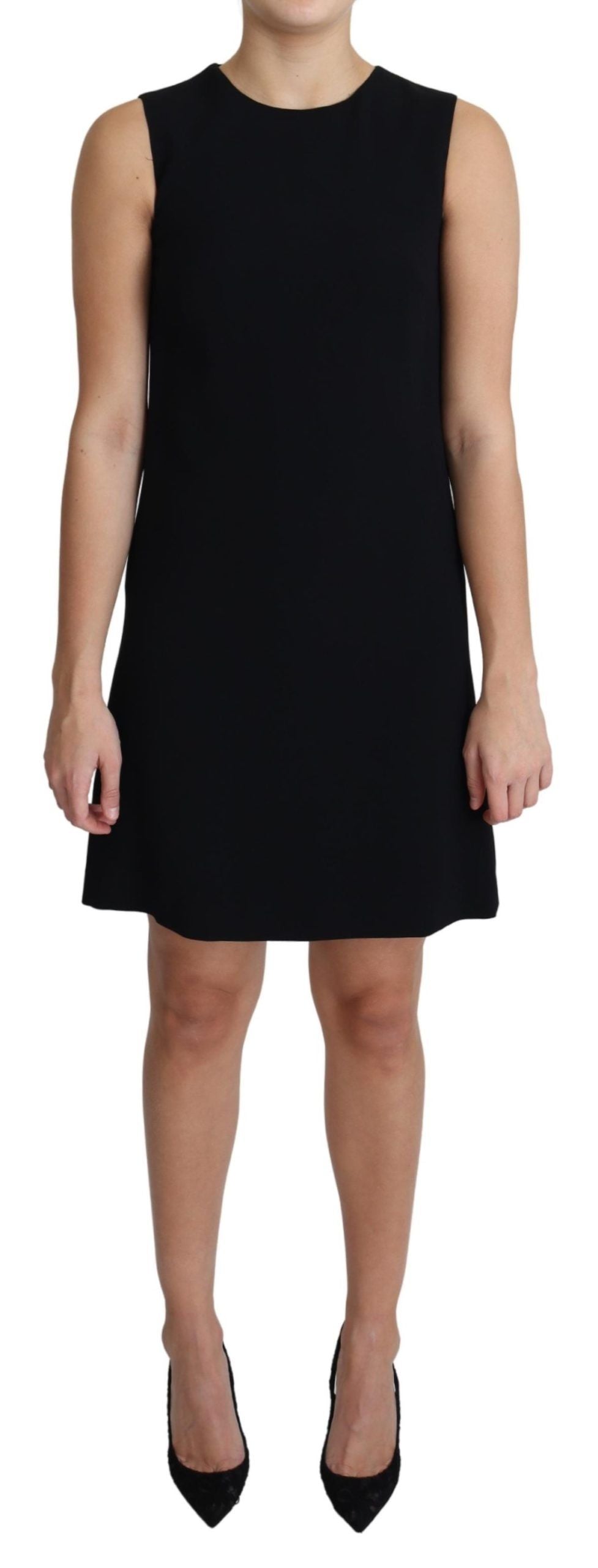 Black viscose stretch A-line shift mini dress by Dolce & Gabbana, featuring a sleek, fitted silhouette and minimalist design.
