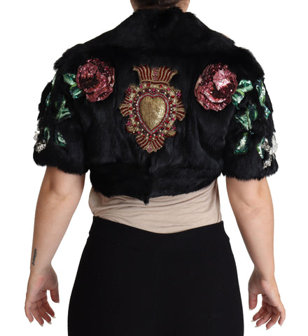 Black Dolce & Gabbana rabbit fur coat decorated with crystals and sequins, stylish and luxurious outerwear for women.