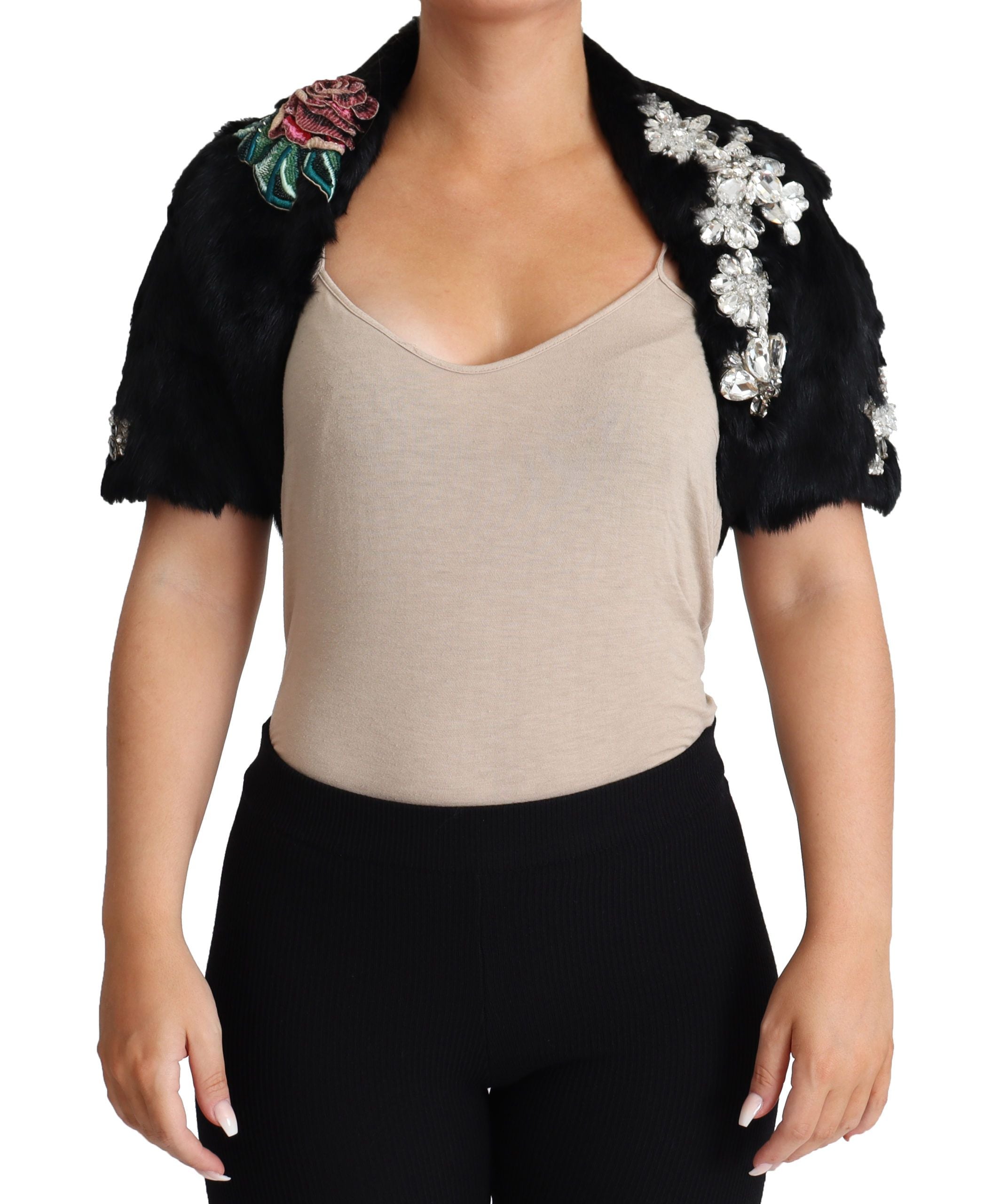 Black rabbit fur crystal sequin coat by Dolce & Gabbana, featuring shimmering sequins and plush fur details.