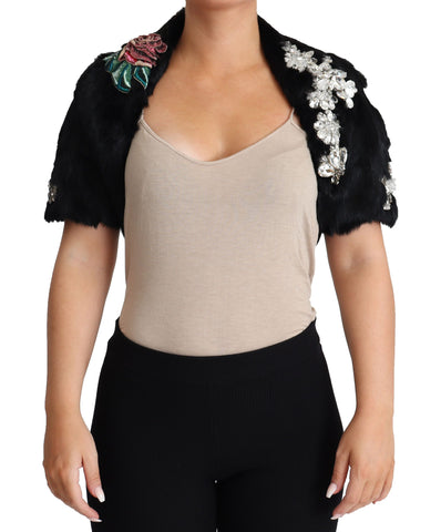 Black rabbit fur crystal sequin coat by Dolce & Gabbana, featuring shimmering sequins and plush fur details.