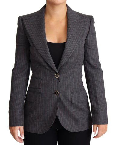 Gray Dolce & Gabbana single-breasted fitted wool blazer jacket with notch lapel and tailored fit, displayed on a hanger.
