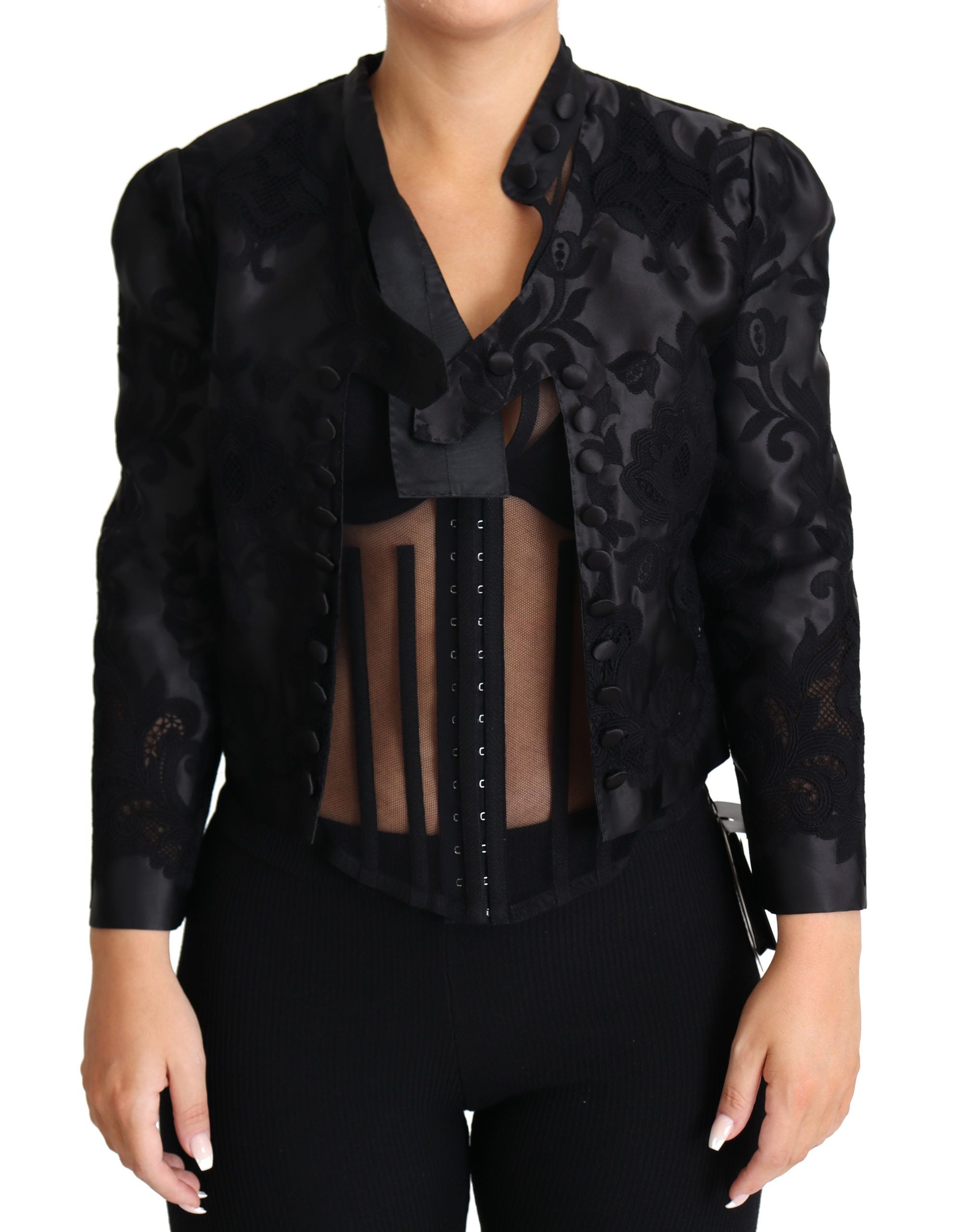 Black lace sheer corset silk jacket with organza details by Dolce & Gabbana, featuring intricate lace and elegant design.