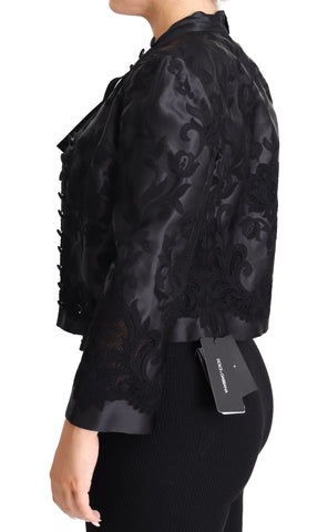 Black lace sheer corset organza silk jacket by Dolce & Gabbana, featuring intricate lace details and a fitted, elegant design.