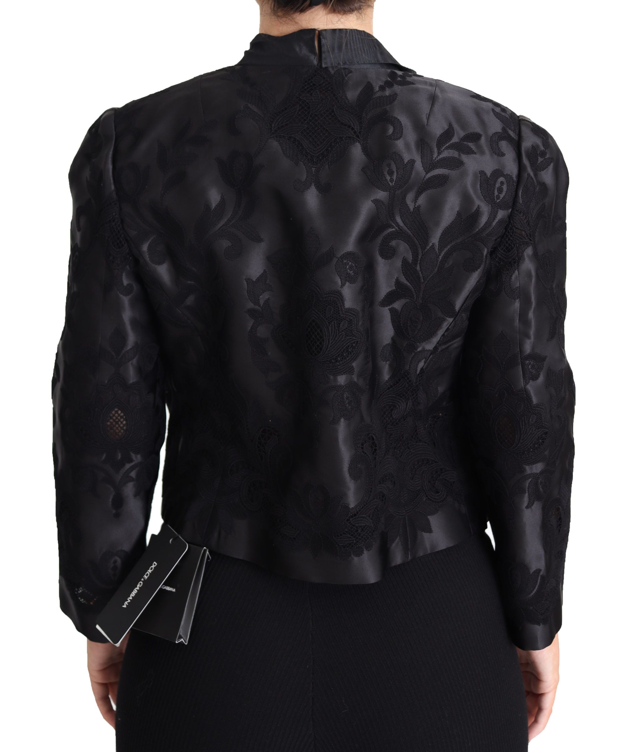 Black lace sheer corset with organza silk jacket by Dolce & Gabbana, featuring intricate lace details and elegant design.