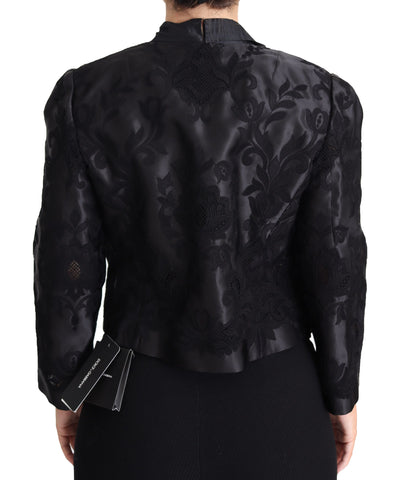 Black lace sheer corset with organza silk jacket by Dolce & Gabbana, featuring intricate lace details and elegant design.