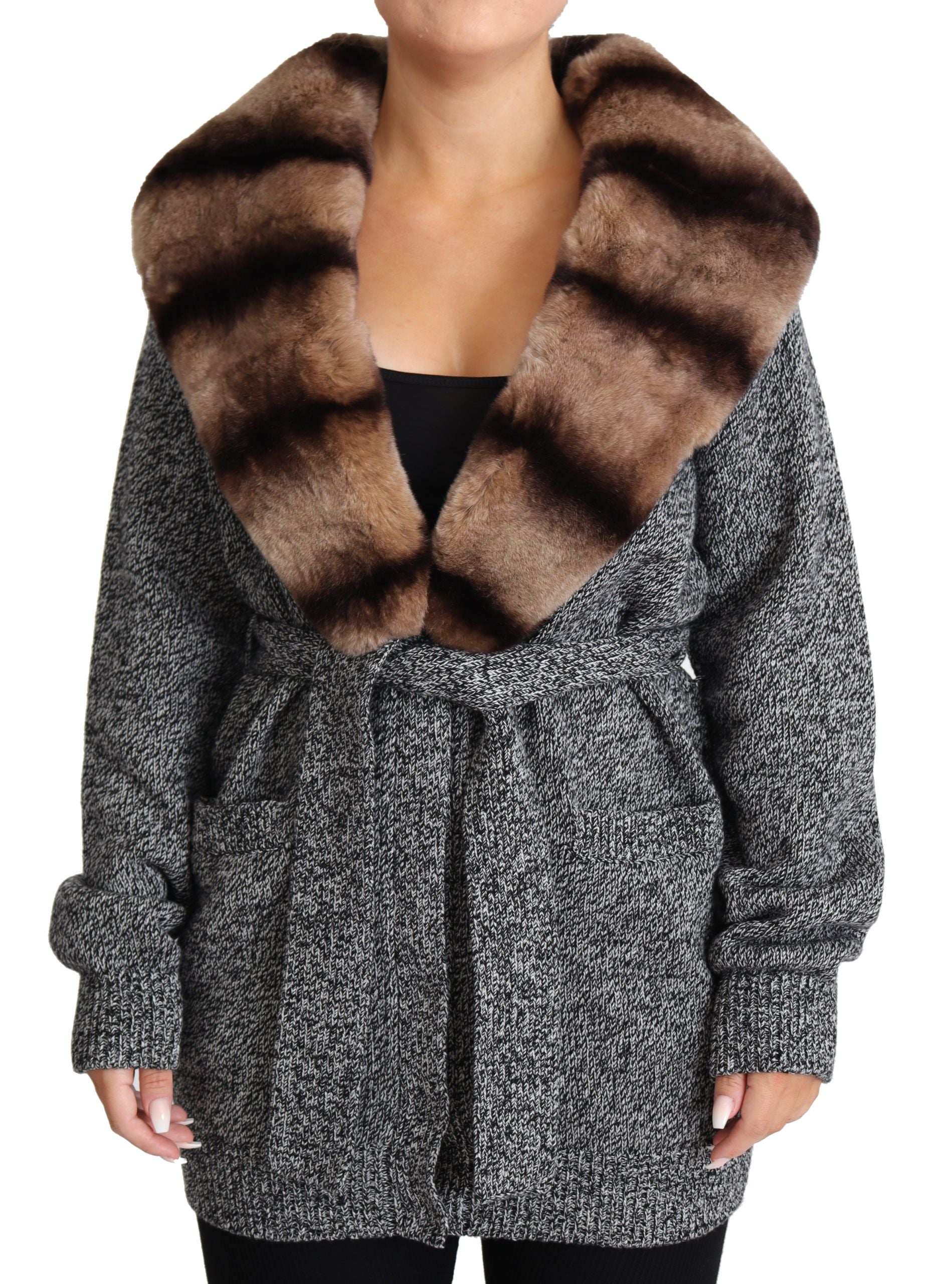 Gray Dolce & Gabbana fur coat with cashmere cardigan, featuring plush texture and stylish design, front view.