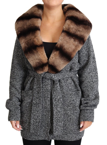 Gray Dolce & Gabbana fur coat with cashmere cardigan, featuring plush texture and stylish design, front view.