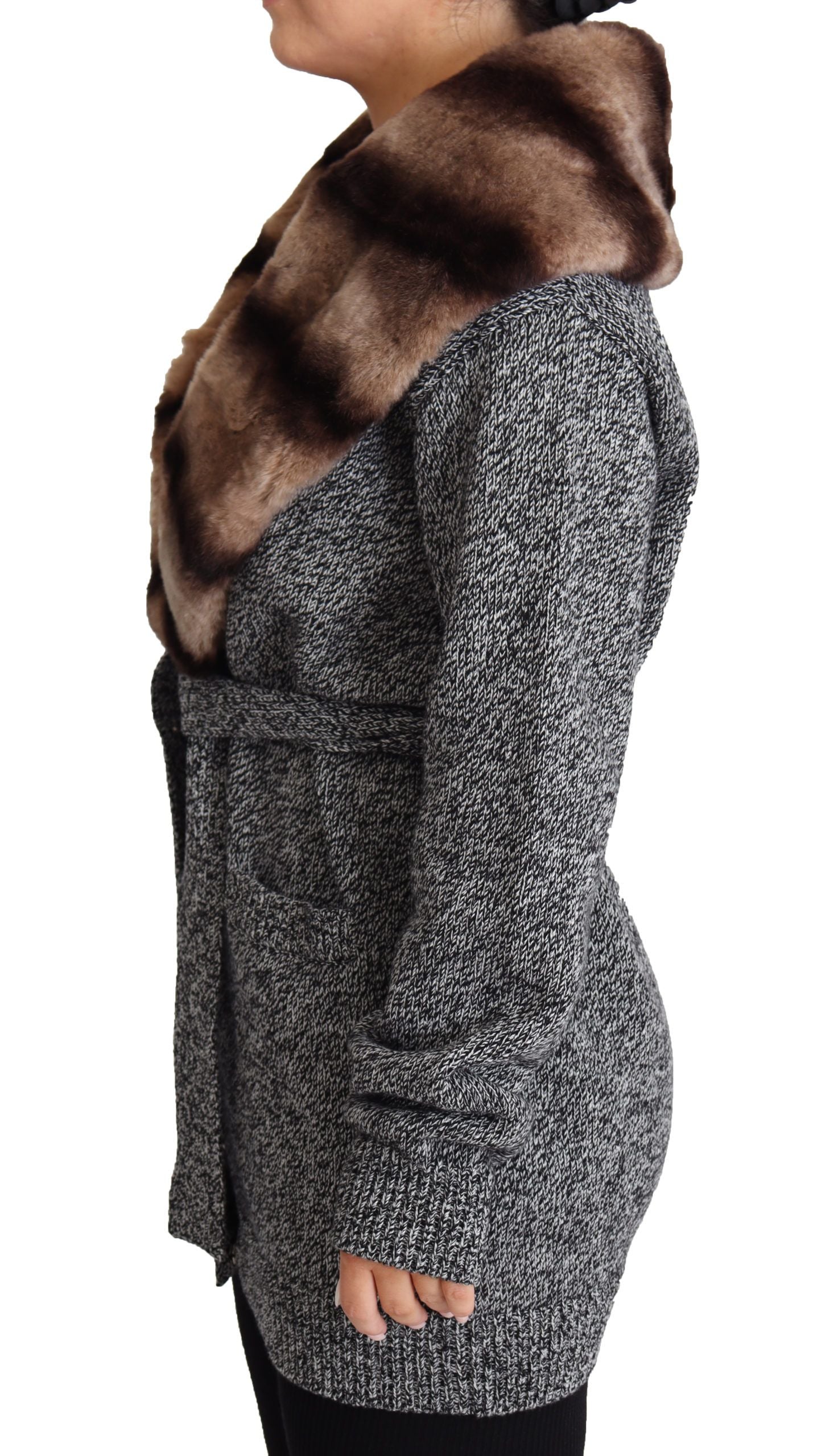 Gray cashmere cardigan fur coat by Dolce & Gabbana, featuring a luxurious jacket with cozy fur accents and elegant design.