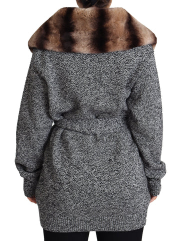 Gray Dolce & Gabbana fur coat with cashmere cardigan style, showcasing plush fur and luxurious fabric details.