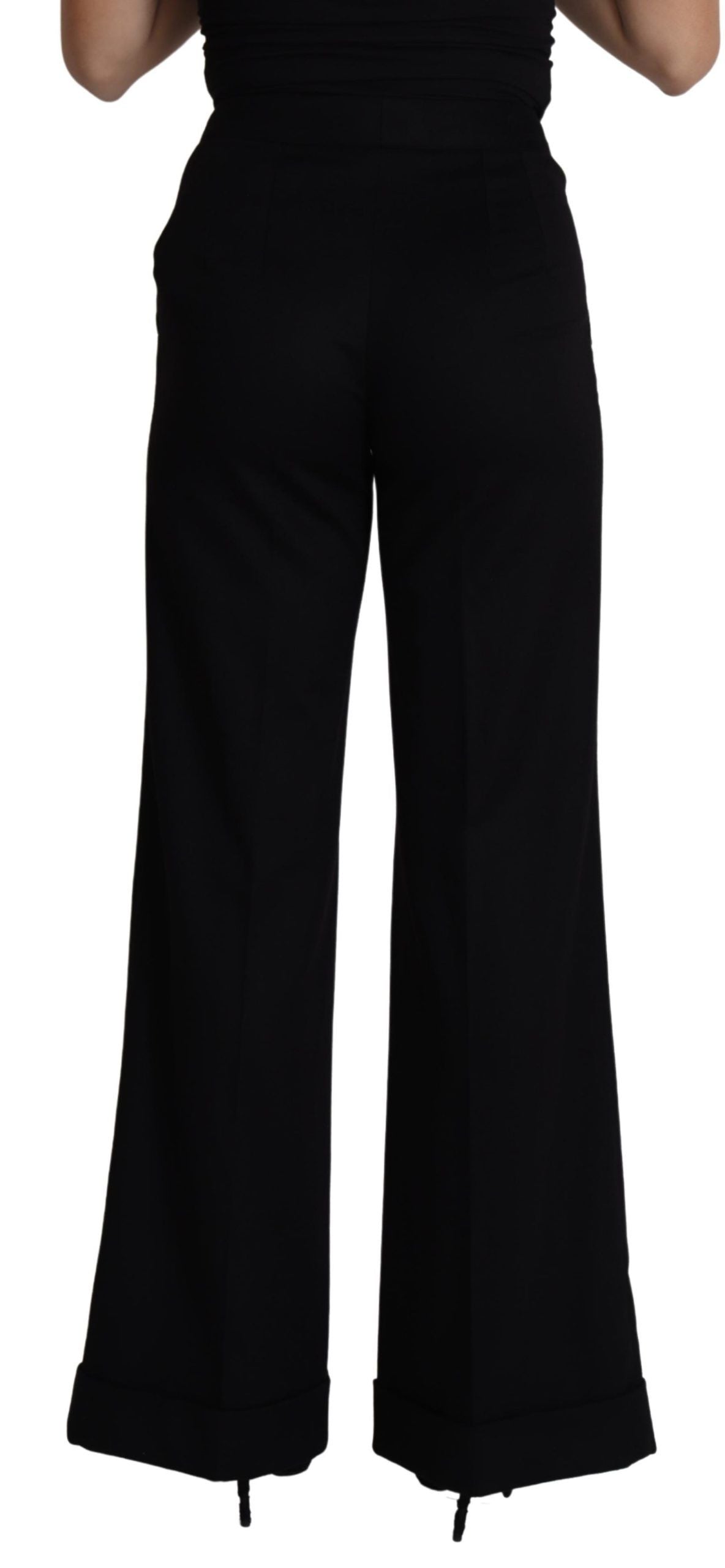 Black cashmere wide-leg women’s trouser pants by Dolce & Gabbana, shown on a model with a relaxed fit and soft fabric.