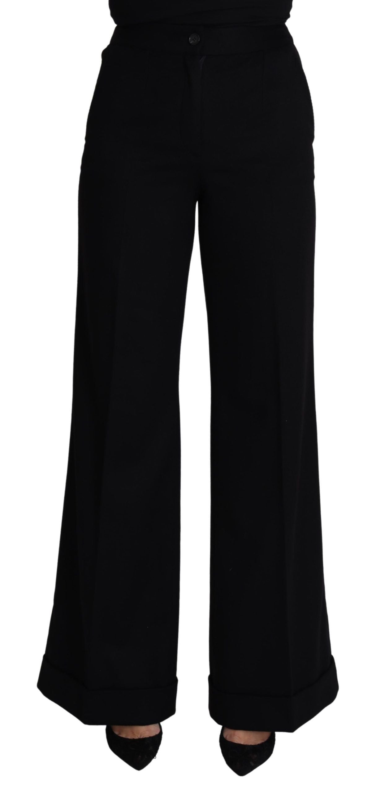 Black cashmere wide-leg women's trouser pants by Dolce & Gabbana, featuring a relaxed fit and elegant drape.