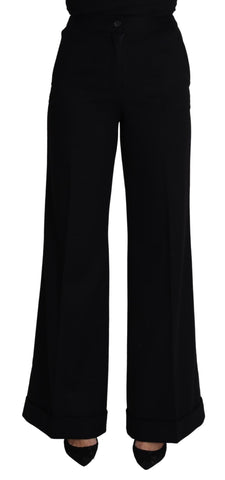 Black cashmere wide-leg women's trouser pants by Dolce & Gabbana, featuring a relaxed fit and elegant drape.