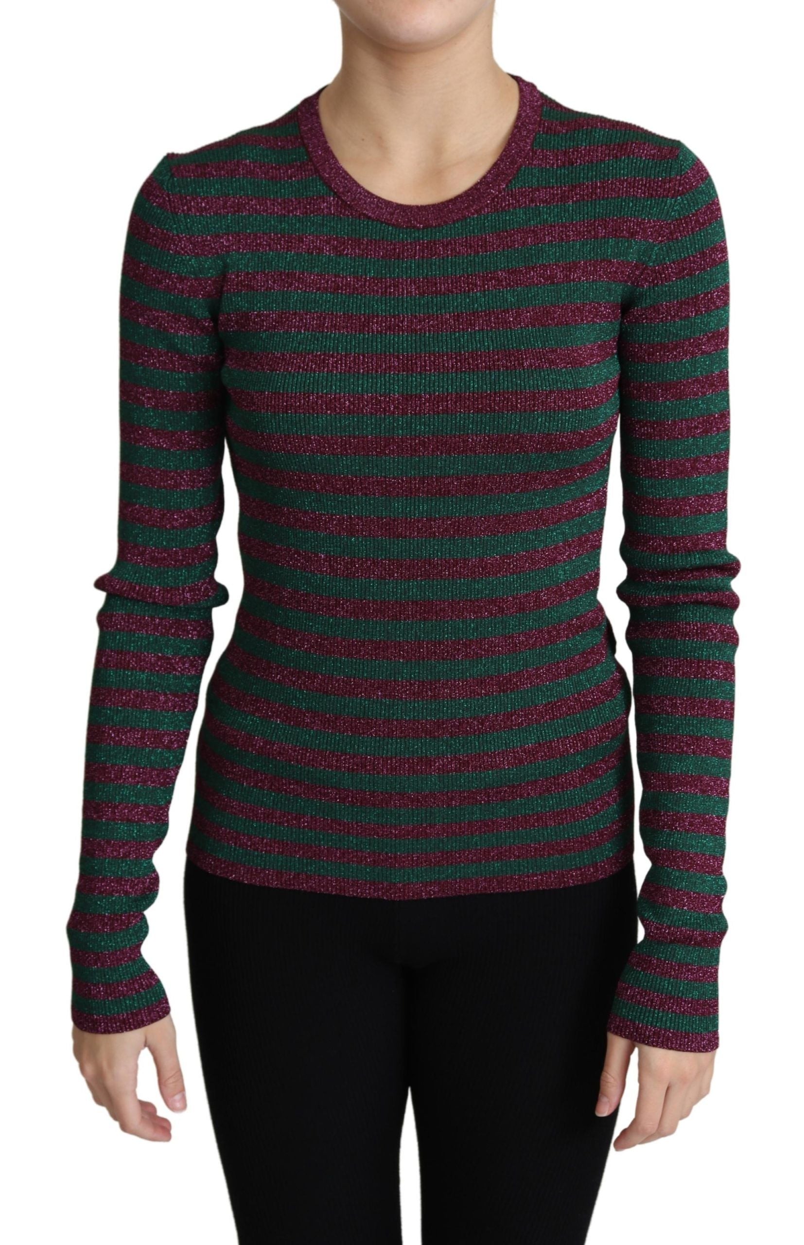 Dolce & Gabbana multicolor striped crew neck pullover sweater showing vibrant horizontal stripes and knit texture.