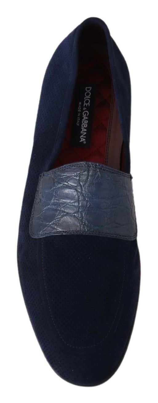 Blue suede Caiman loafers slippers by Dolce & Gabbana, featuring a sleek slip-on design with detailed stitching and a stylish look.