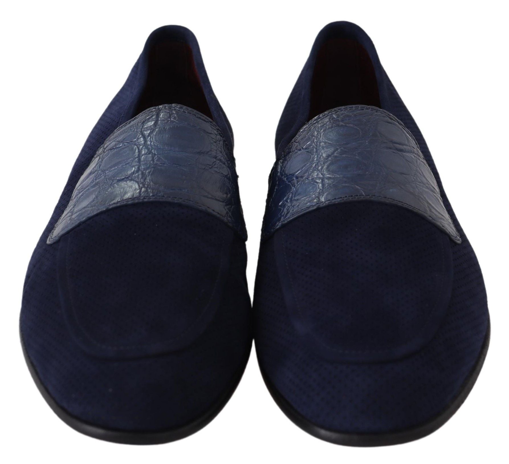 Blue suede Caiman loafers by Dolce & Gabbana, featuring slip-on design and textured reptile pattern, perfect for stylish comfort.