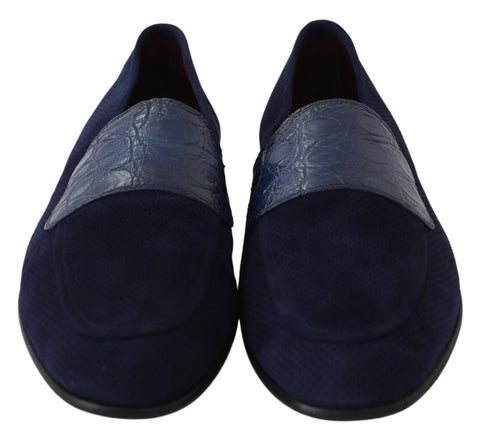 Blue suede Caiman loafers by Dolce & Gabbana, featuring slip-on design and textured reptile pattern, perfect for stylish comfort.