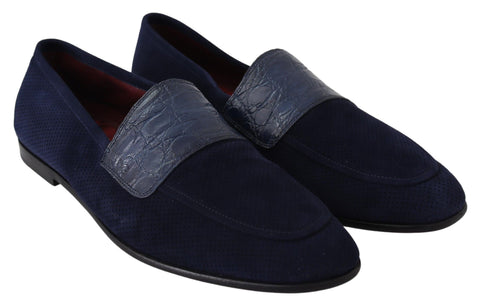 Blue suede Caiman loafers slippers shoes by Dolce & Gabbana, showcasing the luxurious textured material and classic slip-on design.