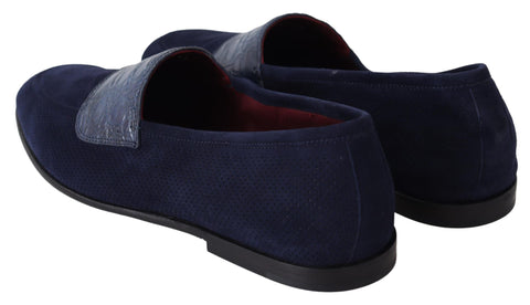 Blue suede Caiman loafers slippers by Dolce & Gabbana with classic slip-on design and textured crocodile pattern.