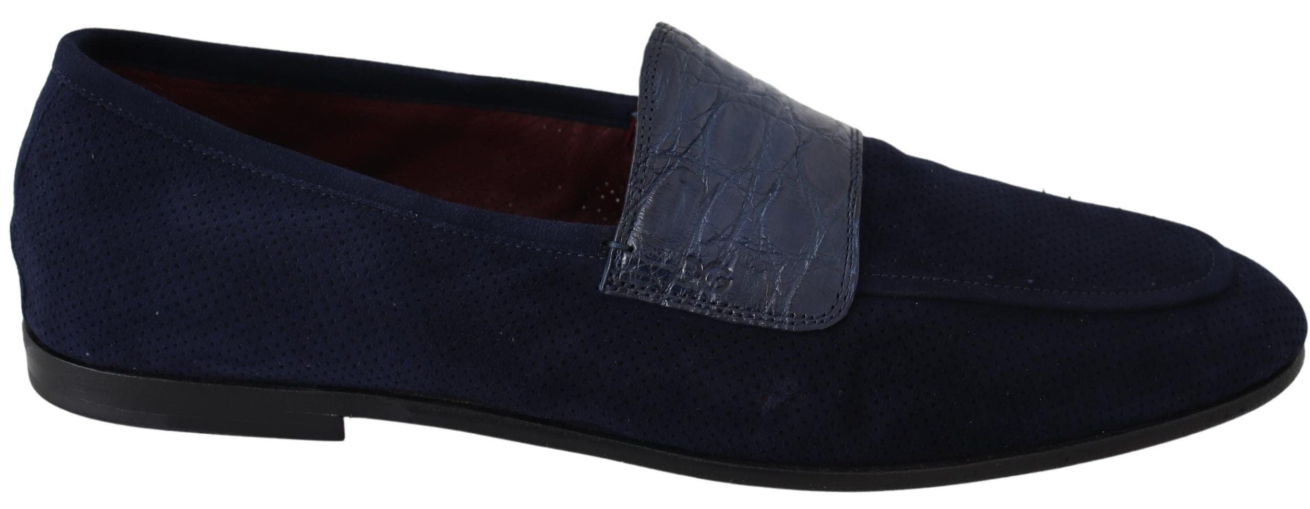 Blue suede Caiman loafers slippers by Dolce & Gabbana featuring classic slip-on design and textured detailing.