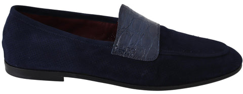 Blue suede Caiman loafers slippers by Dolce & Gabbana featuring classic slip-on design and textured detailing.