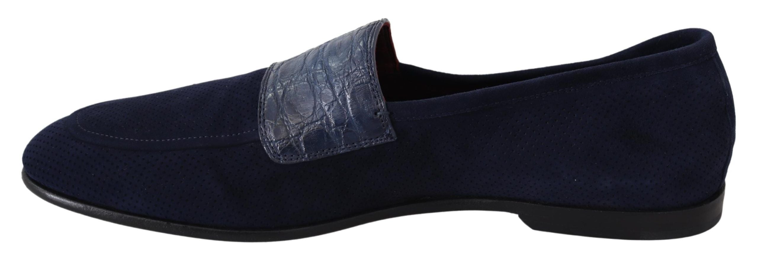 Blue suede Caiman loafers slippers shoes by Dolce & Gabbana, featuring a classic slip-on design and luxurious texture.